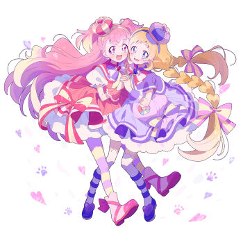 Rule 34 | 2girls, :d, blonde hair, blue eyes, blue shoes, blush, boots, bow, bowtie, braid, capelet, commentary request, cure friendy, cure wonderful, dot nose, dress, frilled dress, frilled wrist cuffs, frills, full body, hair bow, hairband, highres, holding hands, interlocked fingers, inukai iroha, inukai komugi, long hair, looking at viewer, multicolored hair, multiple girls, open mouth, pantyhose, pink boots, pink bow, pink bowtie, pink eyes, pink hair, pink pantyhose, precure, purple bow, purple bowtie, purple capelet, purple dress, purple hairband, serizawa serizane, shoes, short sleeves, simple background, smile, standing, striped bow, striped bowtie, striped clothes, striped pantyhose, thighhighs, twin braids, two-tone hair, two side up, white background, white thighhighs, wonderful precure!, wrist cuffs, yellow bow, yellow hairband, yellow pantyhose