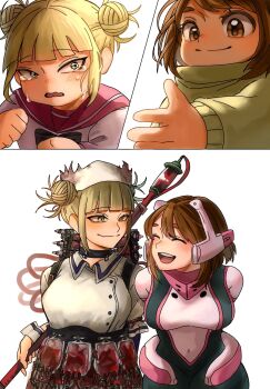 2girls age_progression black_bodysuit black_bow black_choker blonde_hair blood blood_bag blunt_bangs blush blush_stickers bodysuit boku_no_hero_academia bow breasts brown_eyes brown_hair choker closed_eyes commentary crying crying_with_eyes_open double_bun dress hair_bun hat helmet highres holding holding_weapon intravenous_drip large_breasts looking_at_another medium_hair messy_hair multicolored_bodysuit multiple_girls nurse_cap official_alternate_costume open_mouth osake08 outstretched_hand pink_bodysuit pink_sailor_collar pink_shirt pushing red_nails sailor_collar shirt sidelocks simple_background slit_pupils smile superhero_costume sweater tears toga_himiko toga_himiko_(bloody_dress) uraraka_ochako weapon white_background white_dress white_wrist_cuffs wrist_cuffs yellow_eyes yellow_sweater