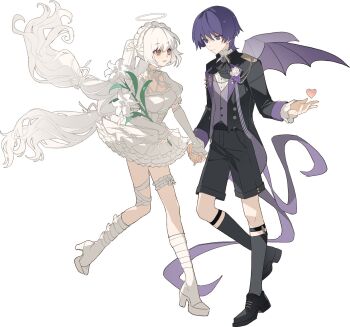 1boy 1girl aiguillette angel_and_devil arm_at_side artist_request ascot bandaged_leg bandages belt black_ascot black_belt black_jacket black_shoes black_shorts black_sleeves black_socks black_suit blush boots bow brooch closed_mouth coattails collar commission commissioner_insert corset couple cross cross-laced_clothes cross-laced_corset detached_sleeves dress dress_shirt epaulettes eyelashes flower formal_clothes frilled_collar frilled_dress frilled_hairband frilled_sleeves frilled_thigh_strap frills full_body garter_straps gem genshin_impact grey_vest hair_bow hair_tie hairband halo hand_up hayami_momo_(hayamimomo) heart hetero high_heel_boots high_heels highres holding holding_flower holding_hands jacket jewelry juliet_sleeves kneehighs layered_sleeves long_hair long_sleeves looking_at_another mole mole_under_eye oc_x_canon open_clothes open_hand open_jacket open_mouth original pink_eyes puffy_sleeves purple_eyes purple_gemstone purple_hair scaramouche_(genshin_impact) second-party_source shirt shoes short_sleeves shorts sidelocks single_epaulette socks suit suit_jacket thigh_strap tsurime twintails undershirt very_long_hair vest white_background white_boots white_bow white_collar white_corset white_dress white_flower white_hair white_hairband white_halo white_shirt white_sleeves wispy_bangs