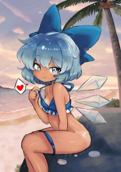 1girl alice_grimm alternate_costume beach bikini bikini_bottom_pull blue_bikini blue_bow blue_eyes blue_hair bow breasts cirno closed_mouth clothes_pull detached_wings hair_bow heart highres ice ice_wings loli looking_at_viewer medium_hair navel ocean outdoors palm_tree sitting small_breasts smile solo spoken_heart stomach sweat swimsuit tan tanline tanned_cirno touhou tree wings