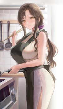 1girl apron black_apron blush breasts brown_hair chopsticks closed_mouth commentary_request cooking dress from_side hand_up highres holding holding_chopsticks indoors ladle large_breasts long_hair looking_at_viewer original sakamuke sleeveless sleeveless_dress smile solo very_long_hair white_dress yellow_eyes