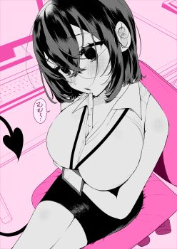 Rule 34 | 1girl, absurdres, between breasts, breasts, chair, cleavage, commentary request, computer keyboard, demon tail, glasses, greyscale with colored background, hair between eyes, highres, koi to senrigan to aonisai, lanyard, monitor, office lady, open mouth, ouchi kaeru, pencil skirt, pink theme, short hair, sitting, skirt, solo, swivel chair, tail