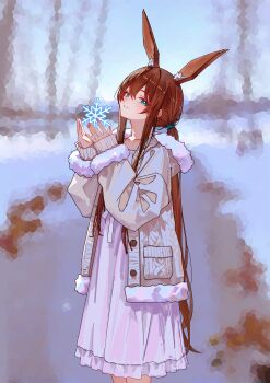 1girl absurdres amiya_(arknights) animal_ears arknights blurry blurry_background coat commentary_request dress fur-trimmed_coat fur_trim highres light_smile looking_at_viewer snowflakes solo teeth user_xapf3744 white_dress