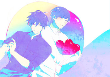 Rule 34 | 2boys, apple, black shirt, blush, collared shirt, food, fruit, heterochromia, holding, holding food, holding fruit, koshotengai no hashihime, kurosawa (adelta), looking at another, male focus, multiple boys, official art, professor (koshotengai no hashihime), rolling sleeves up, shirt, tamamori (koshotengai no hashihime), white shirt, yaoi