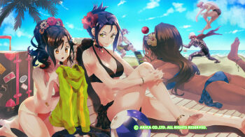 Rule 34 | 3boys, 3girls, allen snider, arika, artist request, ass, bandaid, barefoot, beach, blair dame, character request, cloud, dark-skinned female, dark skin, earrings, fighting ex layer, flower, hair flower, hair ornament, hayate (arika), highres, jewelry, long hair, multiple boys, multiple girls, nanase (arika), official art, official wallpaper, pullum purna, sanane, sand, skullomania, smile, suitcase, swimsuit