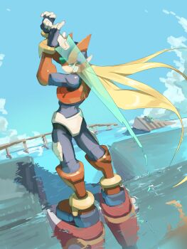 1boy absurdres armor black_eyes blonde_hair commentary_request different_reflection energy_sword forehead_jewel full_body helmet highres holding holding_sword holding_weapon male_focus mega_man_(series) mega_man_x_(series) mega_man_x_dive mega_man_zero_(series) omochi_(mochi_skymega) red_armor red_helmet reflection solo standing sword weapon zero(z)_(mega_man) zero_(mega_man)