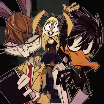 amane_misa amane_misa_(cosplay) animal_ears bird black_background black_dress black_footwear black_hair blonde_hair boots brown_hair bugs_bunny cosplay cross daffy_duck death_note death_note_(object) dress duck goth_fashion highres l_(death_note) l_(death_note)_(cosplay) lola_bunny looking_at_viewer looney_tunes necktie poroshya rabbit rabbit_ears simple_background teeth yagami_light yagami_light_(cosplay)