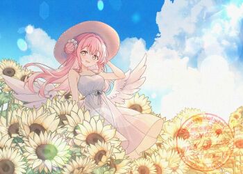 1girl alternate_costume angel_wings blue_archive blue_sky blush cloud commentary_request day dress feathered_wings field flower flower_field hair_bun hair_flower hair_ornament hand_on_headwear hand_up hat long_hair looking_at_viewer low_wings mika_(blue_archive) nillfier_2022 open_mouth outdoors pink_hair single_side_bun sky smile solo sun_hat sundress sunflower sunflower_field watermark white_dress white_wings wings yellow_eyes yellow_flower