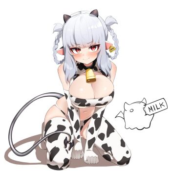1girl all_fours animal_print bare_shoulders bell bikini blunt_bangs blush braid braided_hair_rings breasts cleavage closed_mouth cow_print cow_print_bikini cow_print_thighhighs cow_tail cowbell full_body grey_hair hair_rings highres horns indie_virtual_youtuber large_breasts leaning_forward looking_at_viewer lucy_pyre nano_(nanojyaa) navel neck_bell pointy_ears print_bikini print_thighhighs red_eyes sidelocks simple_background sitting skindentation smile solo swimsuit tail thighhighs tsurime underboob virtual_youtuber white_background