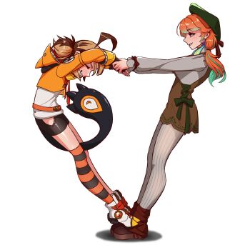 2girls 67_(meme) ahoge blonde_hair brown_hair commentary dress_over_shirt earrings english_commentary feather_earrings feathers gigi_murin gigi_murin_(1st_costume) highres holding_hands hololive hololive_english hood hoodie huge_ahoge jewelry llcole low_twintails meme multicolored_hair multiple_girls official_alternate_costume orange_hair orange_hood orange_hoodie purple_eyes ribbed_pantyhose short_hair simple_background smile standing_on_another's_feet tail takanashi_kiara takanashi_kiara_(winter_casual) twintails two-tone_hair virtual_youtuber white_background