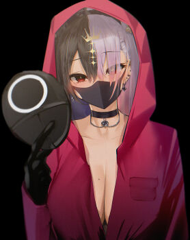 1girl black_background black_choker black_gloves black_hair breast_pocket breasts choker cleavage collarbone diamond-shaped_pupils diamond_(shape) ear_piercing earrings gloves gradient_hair hair_between_eyes heart heart-shaped_pupils highres holding holding_mask hood hooded_jacket indie_virtual_youtuber jacket jewelry looking_at_viewer mask mole mole_on_breast mole_under_eye mouth_mask multicolored_hair original piercing pink_hair pink_jacket pocket red_eyes satou_daiji squid_game symbol-shaped_pupils towa_(towa_akqj10) upper_body virtual_youtuber white_hair