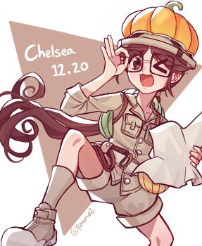 >_o 1girl :3 adjusting_eyewear backpack bag belt birthday black-framed_eyewear breast_pocket brown_eyes brown_hair brown_shirt brown_shorts brown_socks character_name chelsea_childe commentary dated dr._stone english_commentary glasses grey_shorts grey_socks happy_birthday hat helmet highres holding holding_paper long_hair looking_at_viewer low_ponytail map one_eye_closed open_mouth paper pith_helmet pocket ponytail semi-rimless_eyewear shirt shoes shorts smile socks solo twitter_username under-rim_eyewear very_long_hair yimuno