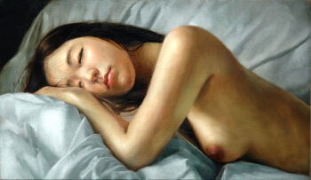 1girl asian bed_sheet black_hair breasts closed_eyes closed_mouth commentary_request kaworu_(pixiv2055) long_hair lying medium_breasts nipples nude oil_painting_(medium) on_stomach original painting_(medium) photorealistic realistic red_lips sleeping solo traditional_media