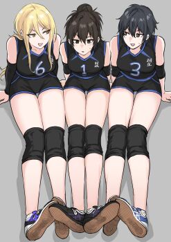 3girls :d absurdres ankle_socks black_hair black_shirt black_shorts blonde_hair breasts brown_eyes brown_hair collarbone elbow_pads elbow_sleeve fuku_(fuku12290574) full_body hair_bun hands_on_ground highres jersey knee_pads large_breasts legs legs_together long_hair looking_at_another medium_breasts multiple_girls number_print open_mouth original shadow shirt shoe_soles shoes short_hair short_shorts shorts single_hair_bun sitting size_comparison sleeveless sleeveless_shirt smile sneakers socks sportswear thighs volleyball_uniform white_socks yellow_eyes