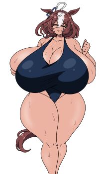 1girl 2025 absurdres ahoge alternate_breast_size_(larger) animal_ears blue_one-piece_swimsuit bow breasts brown_hair bursting_breasts cleavage closed_eyes collarbone commentary english_commentary exhausted eyebrows_hidden_by_hair feet_out_of_frame female_focus gigantic_breasts groin hair_bow highres horse_ears horse_girl inakotho1 medium_hair meisho_doto_(umamusume) multicolored_hair one-piece_swimsuit running simple_background solo straight-on streaked_hair sweat swimsuit thick_thighs thighs tongue tongue_out umamusume white_background white_hair