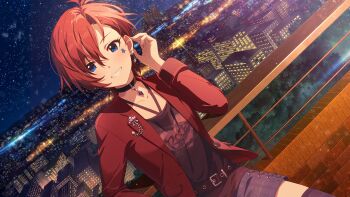 1girl against_railing belt black_belt black_choker blue_eyes choker city collarbone commentary_request dutch_angle earrings facial_mark game_cg grin hand_up idolmaster idolmaster_million_live! idolmaster_million_live!_theater_days jacket jewelry julia_(idolmaster) julia_(private_dress)_(idolmaster) leaning long_sleeves looking_at_viewer night official_alternate_costume official_alternate_hairstyle official_art open_clothes open_jacket outdoors railing red_hair red_jacket shirt short_hair sky smile solo standing star_(sky) star_(symbol) star_facial_mark starry_sky third-party_source