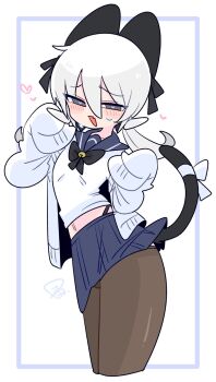 1boy arched_back bell black_bow black_bowtie black_panties black_pantyhose black_tail blue_sailor_collar blue_skirt blush bow bowtie bulge cardigan cat_tail commentary contrapposto cowboy_shot cropped_shirt crossdressing crossdressing_(mtf) fang flipped_hair grey_eyes hair_between_eyes hair_bow hands_up heart heart-shaped_pupils highleg highleg_panties highres jingle_bell large_bow long_sleeves looking_at_viewer low_twintails male_focus midriff miniskirt narrowed_eyes navel neck_bell no_nose op_na_yarou open_cardigan open_clothes open_mouth original ose_(op_na_yarou) panties panty_straps pantyhose pleated_skirt raised_inner_eyebrows sailor_collar school_uniform serafuku shirt short_hair sidelocks simple_background skin_fang skirt sleeves_past_fingers sleeves_past_wrists solo standing sweatdrop symbol-shaped_pupils tail tail_bow tail_ornament trap twintails underwear watermark white_background white_bow white_cardigan white_hair white_shirt
