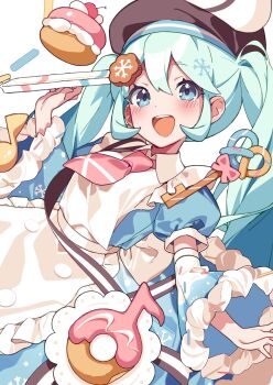 1girl :d apron blue_dress blue_eyes blue_hair blue_sleeves blush brown_hat commentary_request cookie_hair_ornament cowboy_shot detached_sleeves dot_nose double-parted_bangs dress food food-themed_hair_ornament frilled_apron frills hair_between_eyes hair_ornament hat hatsune_miku highres long_hair long_sleeves looking_at_viewer macaron natoruuuu open_mouth short_sleeves sidelocks simple_background smile solo teeth twintails upper_teeth_only vocaloid white_apron white_background wide_sleeves yuki_miku yuki_miku_(2026)