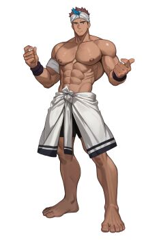 Rule 34 | 1boy, abs, absurdres, armband, backman (2001pinggai), bara, barefoot, biceps, black shorts, broad shoulders, brown hair, calves, clothes around waist, earrings, facial hair, full body, full service (mazjojo), goatee stubble, highres, jewelry, large feet, large pectorals, male focus, muscular, muscular arms, muscular male, navel, nipples, oki ardana, pectorals, red hair, shirt, shirt around waist, shoes, shorts, sidepec, single earring, sleeveless, solo, spiked hair, stubble, thick eyebrows, thick thighs, thighs, topless male, v-taper, veins, veiny arms, white armband, white background, wristband, zipper