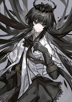 1girl absurdres arknights ascot belt black_ascot black_belt black_eyes black_gloves black_hair black_halo black_skirt cen_(acheng02806053) closed_mouth collared_shirt diamond-shaped_pupils diamond_(shape) elbow_gloves floating_hair gloves grey_background halo highres lace lace-trimmed_skirt lace_trim long_hair looking_at_viewer shirt short_sleeves skirt smile solo symbol-shaped_pupils very_long_hair virtuosa_(arknights) white_shirt yellow_pupils