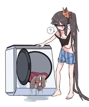 1girl ? absurdly_long_hair barefoot black_tank_top boxers brown_hair commentary_request hair_ornament hand_under_clothes hand_under_shirt highres je_o_mo korean_commentary long_hair male_underwear navel open_mouth pointy_ears red_eyes risty_(trickcal) shirt simple_background spoken_question_mark striped_clothes tank_top trickcal underwear very_long_hair washing_machine white_background