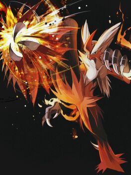 1other blaziken blue_eyes claws colored_sclera commentary_request fire full_body furry gen_3_pokemon highres kicking mega_blaziken mega_pokemon nintendo pokemon pokemon_(creature) pokemon_focus reo_(mmocc123) solo standing standing_on_one_leg yellow_sclera