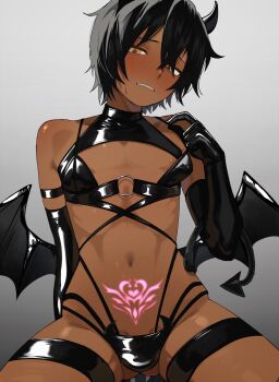 Rule 34 | 1boy, adjusting bra, adjusting clothes, black bra, black gloves, black hair, black thighhighs, bra, commentary request, crossdressing, crossdressing (mtf), dark-skinned male, dark skin, demon horns, demon tail, demon wings, elbow gloves, furrowed brow, gloves, gluteal fold, half-closed eyes, highres, horns, leotard, m1 tsuru, male focus, navel, nipple slip, nipples, original, parted lips, pubic tattoo through clothing, shiny clothes, shirase aoi (m1 tsuru), simple background, solo, steam, tail, thighhighs, thighs, underwear, white background, wings