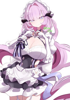 1girl absurdres apron black_dress blue_eyes breasts cleavage clothing_cutout dress elf elysia_(honkai_impact) elysia_(miss_pink)_(honkai_impact) elysia_(miss_pink_elf)_(honkai_impact) fake_horns four-finger_heart_hands gloves heart heart_hands highres honkai_(series) honkai_impact_3rd horns large_breasts long_hair looking_at_viewer maid maid_apron maid_headdress official_alternate_costume pink_hair pointy_ears royo21294110 side_cutout simple_background smile solo thighs twintails very_long_hair white_background white_gloves
