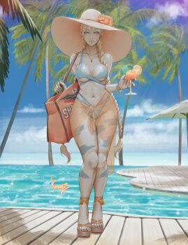 1girl absurdres ankle_lace-up bag beach beach_umbrella bikini blonde_hair blue_bikini blue_nails blurry blurry_background bodypaint bracelet braid breasts cammy_white capcom closed_mouth cloud cocktail_umbrella cup curvy day drink drinking_glass earrings facial_scar fingernails flower food fruit full_body hair_between_eyes hair_over_shoulder hat hat_flower highres holding holding_cup horizon jewelry kumanz large_breasts legs_together lips long_fingernails long_hair looking_at_viewer multi-strapped_bikini nail_polish navel necklace orange_(fruit) orange_slice outdoors palm_tree platform_footwear platform_sandals pool ring sandals sarong scar scar_on_cheek scar_on_face see-through_clothes shiny_skin shoulder_bag skull_print standing street_fighter sun_hat swimsuit thighs toenail_polish toenails toned tree tropical twin_braids twintails umbrella underboob very_long_hair wide_hips
