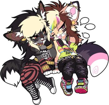 2girls animal_ear_piercing animal_ears animal_hands animal_print barbell_piercing belt black_hair black_pants black_shirt black_shoes black_shorts blonde_hair bracelet brown_hair checkered_belt chibi chibi_only clothes_writing collar commentary ear_piercing emo_fashion english_commentary full_body furry furry_female green_shirt grey_eyes headphones headphones_around_neck industrial_piercing jewelry krawkcove long_hair multicolored_hair multiple_girls one_eye_closed original pants pantyhose piercing profanity red_eyes scene_cut scene_fashion shirt shoes shorts simple_background sitting sneakers spiked_collar spikes striped_clothes striped_pantyhose studded_belt swept_bangs tail torn_clothes torn_pants white_background zebra_print