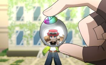 Rule 34 | 1boy, 2girls, absurdres, belt, black shirt, blue eyes, blue pants, blurry, blurry background, bracelet, brown belt, brown hair, building, commentary request, eyelashes, eyewear on headwear, fingerless gloves, fingernails, gloves, green jacket, harmony (pokemon), hat, highres, holding, holding jewelry, holding ring, ichigo 15 36, ivy, jacket, jewelry, long hair, lysandre (pokemon), mega ring, mega stone, multiple girls, nintendo, open clothes, open jacket, pants, pokemon, pokemon legends: z-a, pokemon xy, pov, red hat, ring, serena (pokemon), shirt, sleeveless, sunglasses, white-framed eyewear, white shirt, window