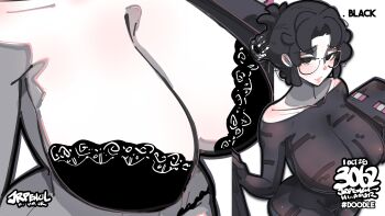 1girl absurdres artist_name bilingual_commentary black_bodysuit black_bra black_eyes black_hair bodysuit bra breasts character_costume cleavage collarbone commentary enderman english_commentary glasses highres jrpencil large_breasts looking_at_viewer minecraft mixed-language_commentary multiple_views original paid_reward_available short_hair simple_background underwear white_background