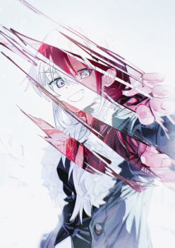 2girls absurdres black_shirt blue_eyes brown_hair commentary_request girls_band_cry grey_eyes grey_hair grey_jacket highres iseri_nina jacket kawaragi_momoka long_hair looking_at_viewer multiple_girls open_mouth red_jacket revealing_layer shirt short_hair white_background ydpfa