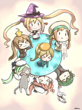 Rule 34 | > <, 10s, 6+girls, :>, :<, :3, = =, animal, animal on head, batsubyou, bird, bird on head, brown hair, chibi, error musume, closed eyes, fairy (kancolle), girl behind a cat (kancolle), girl holding a cat (kancolle), green hair, hat, helmet musume (kancolle), highres, hiyoko (kancolle), kantai collection, kneeling girl (kancolle), majokko (kancolle), midori (kancolle), multiple girls, on head, ponytail, rashinban musume, ryuki (ryukisukune), sailor hat, school uniform, serafuku, shoshinsha mark, twintails, witch hat