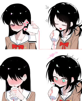 2girls aqua_eyes arrow_through_heart bang_dream! bang_dream!_it&#039;s_mygo!!!!! black_hair blush bow bowtie brown_dress closed_eyes commentary_request dress full-face_blush hanasakigawa_school_uniform heart highres long_hair mole mole_under_eye multiple_girls one_eye_closed open_mouth parted_lips purple_eyes red_bow red_bowtie sailor_collar sailor_dress school_uniform shiina_taki simple_background smile spoken_heart white_background white_sailor_collar yahata_umiri yuri zikiki1092