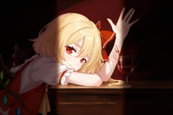 1girl ascot bleeding blonde_hair blood chunjiu closed_mouth commentary crystal crystal_wings cup drinking_glass flandre_scarlet highres long_hair looking_at_viewer multicolored_wings no_headwear puffy_short_sleeves puffy_sleeves red_eyes red_vest self-harm_scar shirt short_sleeves smile solo touhou vest white_shirt wine_glass wings wrist_cutting yellow_ascot