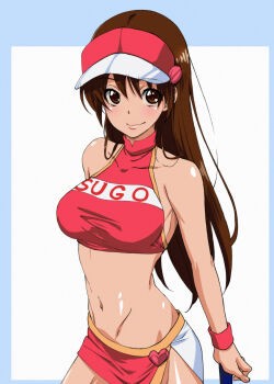 1girl 1990s_(style) bare_shoulders breasts brown_eyes brown_hair clothes_writing collarbone cowboy_shot crop_top future_gpx_cyber_formula halterneck high_collar highres long_hair looking_at_viewer medium_breasts microskirt midriff miniskirt navel race_queen skirt smile solo sugou_asuka visor_cap wristband yuukami_(wittsu)