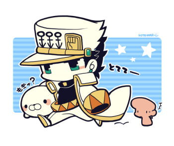 2boys androgyne_symbol animal belt black_hair black_shirt chibi chibi_only coat earrings full_body green_eyes higashikata_josuke holding holding_animal jewelry jojo_no_kimyou_na_bouken kotorai kuujou_joutarou male_focus multiple_boys no_mouth no_nose seal_(animal) shirt signature star_(symbol) translation_request white_coat white_headwear