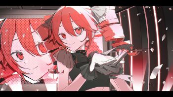 1girl absurdres alternate_costume black_bow black_bowtie black_dress black_shirt bow bowtie concert confetti cropped_shirt dress drill_hair dual_persona frilled_gloves frills gloves hair_between_eyes hair_bow highres kasane_teto midriff_peek red_eyes red_hair screen shirt smile tsukumonomo twin_drills utau