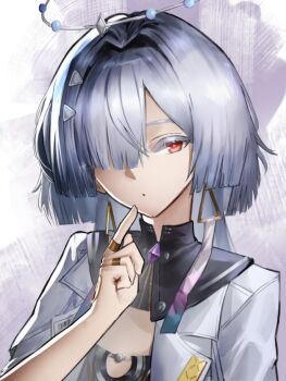 1girl angelo_(angeloart26) colored_eyelashes commentary earrings grey_hair hair_over_one_eye halo hand_up index_finger_raised jewelry long_hair mornye_(wuthering_waves) red_eyes solo triangle_earrings upper_body wuthering_waves