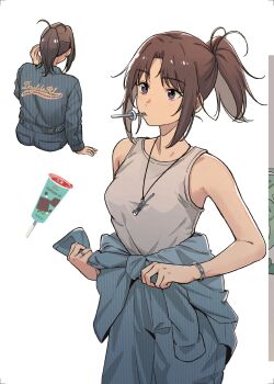 1girl bonryuu bracelet brown_hair clothes_around_waist commentary_request food hibike!_euphonium highres ice_cream jacket jacket_around_waist jewelry light_blush mechanic multiple_views nakagawa_natsuki necklace ponytail purple_eyes ring simple_background tank_top white_background