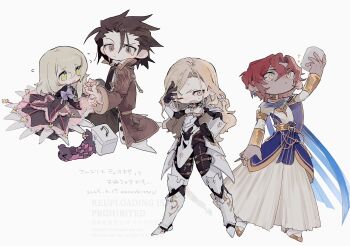2boys 2girls absurdres alvin_(tales) armor ascot awestruck bandaid bandaid_on_finger bandaid_on_hand black_ascot black_bodysuit black_pants blonde_hair blush bodysuit brown_coat brown_eyes brown_hair chibi chibi_only coat commentary_request creature cup dark-skinned_male dark_skin dohalim_(tales) dress earrings elize_lutus embarrassed first_aid_kit flying_sweatdrops frills green_eyes hair_between_eyes hand_on_own_head hand_on_own_hip highres holding holding_cup holding_hands jewelry kisara_(tales) long_hair looking_at_another looking_at_object multiple_boys multiple_girls nancykittyu one_eye_closed pants red_hair ring shirt short_hair simple_background sitting sparkle tales_of_(series) tales_of_arise tales_of_xillia teepo_(tales) white_armor white_background white_shirt worried yellow_eyes