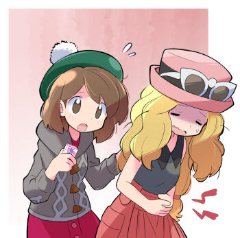 2girls black_shirt blonde_hair breasts brown_eyes brown_hair cardigan closed_eyes dress eyewear_on_headwear gloria_(pokemon) green_hat grey_cardigan hat highres holding hood hooded_cardigan long_hair long_sleeves multiple_girls nintendo open_mouth pink_dress pink_hat pokemon pokemon_swsh pokemon_xy rascal_(feuille) red_skirt serena_(pokemon) shaded_face shirt short_hair skirt sleeveless sleeveless_shirt stomach_ache sunglasses sweatdrop tam_o&#039;_shanter white-framed_eyewear