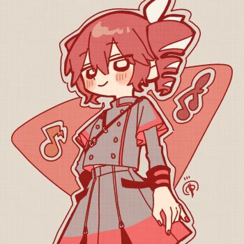 blush buttons closed_mouth cowboy_shot drill_hair fingernails hair_between_eyes harness kasane_teto long_hair long_sleeves looking_at_viewer monochrome musical_note nail_polish pleated_skirt sidelocks skirt smile snsnchi spoken_musical_note square standing twin_drills utau