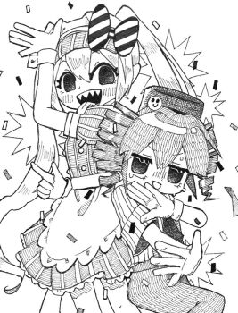 Rule 34 | 2girls, apron, blush, bow, confetti, cowboy shot, dress, drill hair, gloves, greyscale, hand up, hat, hatching (texture), hatsune miku, kasane teto, long hair, looking at viewer, mesmerizer (vocaloid), millipen (medium), monochrome, multiple girls, oounabara shirasu, open mouth, pants, pen (medium), sharp teeth, shirt, short dress, short sleeves, smile, smiley face, striped bow, striped clothes, striped dress, striped shirt, sweat, teeth, tongue, tongue out, traditional media, twin drills, twintails, utau, vocaloid, waist apron, white background, wrist cuffs