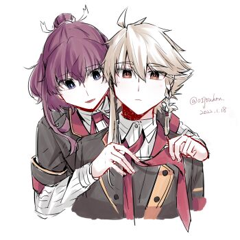 Rule 34 | 2girls, black jacket, blue eyes, blush, braid, braided sidelock, brown hair, closed mouth, collared shirt, commentary request, cropped torso, dated, hair between eyes, highres, jacket, jouhou, konohana suzuka, long sleeves, looking at viewer, multiple girls, necktie, open mouth, orange eyes, ponytail, red hair, red necktie, shidou maki (toji no miko), shirt, simple background, striped clothes, striped shirt, thick eyebrows, toji no miko, twitter username, tying necktie, white background, white shirt, yuri