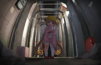 Rule 34 | 1girl, asymmetrical legwear, backlighting, bare shoulders, blush, brown hair, commentary request, detached sleeves, dress, fisheye, full body, hat, head tilt, highres, indoors, long hair, long sleeves, looking at viewer, ne an ito, over-kneehighs, pink dress, pink sleeves, plump, purple eyes, red shoes, school hat, shoes, single over-kneehigh, single sock, single thighhigh, sleeveless, sleeveless dress, sleeves past fingers, sleeves past wrists, socks, solo, thighhighs, tsukuyomi ai, twintails, uneven legwear, voiceroid, white socks, white thighhighs, yellow hat