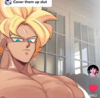1boy bara commentary cover_them_up_slut_(meme) dialogue_box dragon_ball dragonball_z english_commentary english_text final_form_frieza flexing_pectorals frieza large_pectorals light_frown looking_at_viewer male_focus meme muscular muscular_male nipples nude pectorals photo_background portrait sake_(sak3_xml) sanpaku short_hair solo son_goku spiked_hair super_saiyan super_saiyan_1 thick_eyebrows user_interface