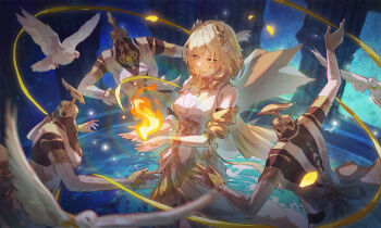 1girl 3others absurdres aglaea_(honkai:_star_rail) bare_shoulders bird blonde_hair breasts cleavage closed_mouth commentary_request d3c demigoddess dress falling_petals fire garmentmaker_(honkai:_star_rail) green_eyes hair_ornament highres honkai:_star_rail honkai_(series) light_smile mannequin medium_breasts medium_hair multiple_others nail_polish petals pyrokinesis ribbon wading water white_bird white_dress yellow_nails yellow_petals yellow_ribbon