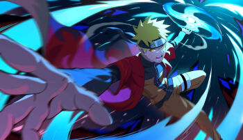 Rule 34 | 1boy, absurdres, blonde hair, bupa chila, chinese commentary, commentary request, facial mark, forehead protector, highres, jacket, long sleeves, looking at viewer, male focus, naruto (series), naruto shippuuden, open mouth, orange pants, orange shirt, outstretched arms, pants, rasengan, red jacket, shirt, short hair, solo, spiked hair, spread arms, teeth, uzumaki naruto, whisker markings, yellow eyes
